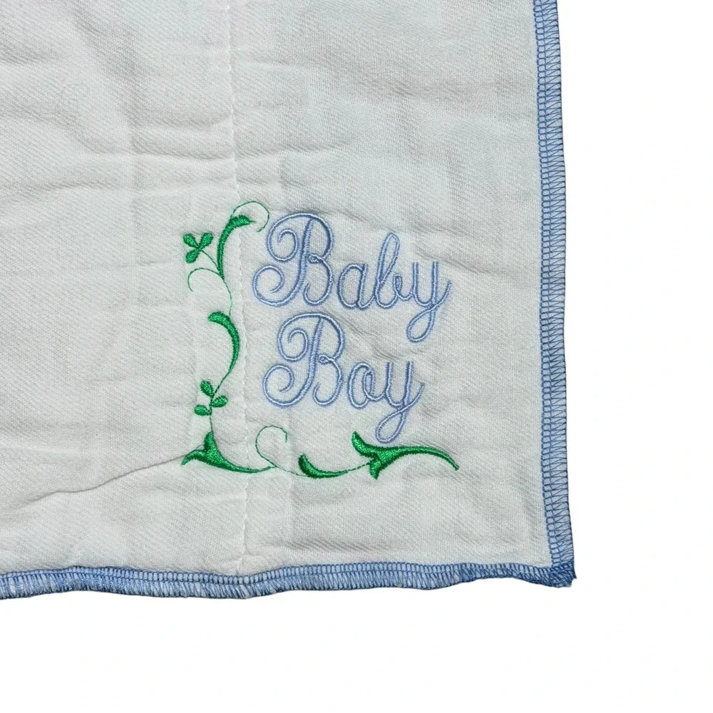 Vintage White Cotton Gauze Burp Cloth‎ Baby Boy Blue Embroidery Serged Edge